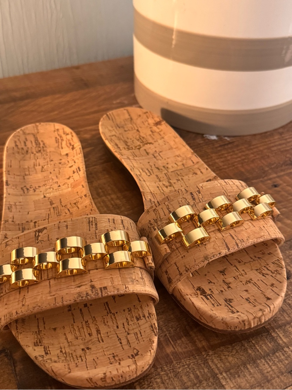 Veronica Beard Cork Slide Sandals with Gold Chain Accent
